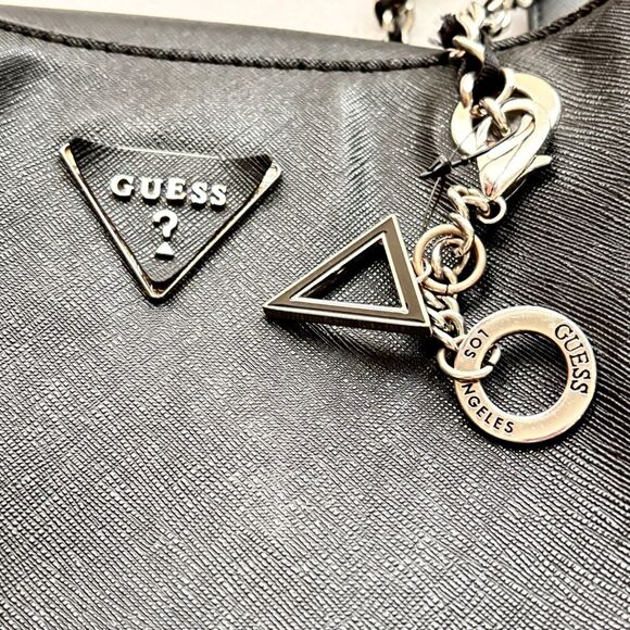 GUESS Black Double Handle Satchel Chain Straps Shoulder bag 3 Compartment Purse - Picture 11 of 11